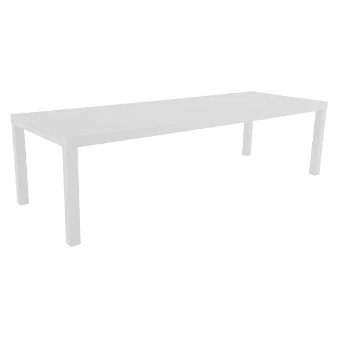 Sunfun Maja Mesa de jardín - L x An x Al: 280 x 100 x 75 cm, Blanco, Extensible - Aquí hay una mesa de comedor blanca con líneas limpias y un diseño minimalista, perfecta para comedores modernos.