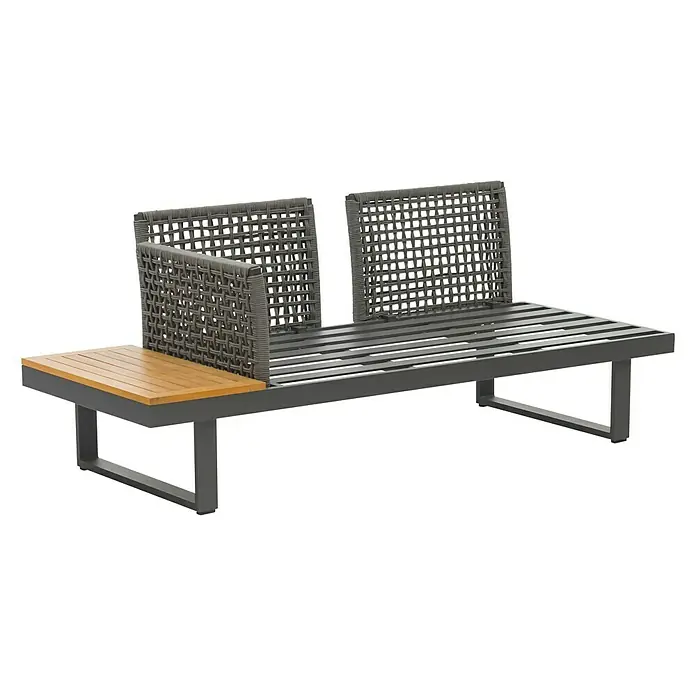 Conjunto de muebles Magalí - 5 pzs., Madera de acacia/Aluminio, Antracita - Elegante banco de exterior con respaldo de mimbre y mesa auxiliar de madera, ideal para jardines y terrazas. Su diseño moderno invita a relajarse.