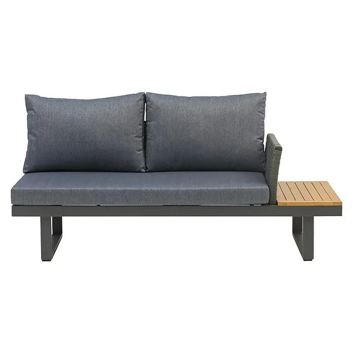 Conjunto de muebles Magalí - 5 pzs., Madera de acacia/Aluminio, Antracita - Sofá lounge gris con cojines grises y estante de madera para uso exterior. Cómodos asientos para el jardín o la terraza.