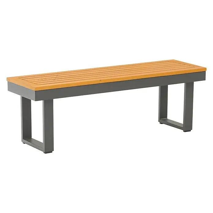Conjunto de muebles Magalí - 5 pzs., Madera de acacia/Aluminio, Antracita - Esta toma muestra un banco de parque de listones de madera con un marco moderno, ideal para cualquier entorno urbano o natural.