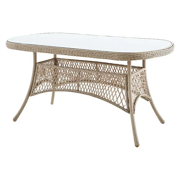 Sunfun Mesa de jardín Sophie - L x An x Al: 140 x 80 x 72 cm, Aluminio, Beige - Esta mesa de jardín de ratán con tapa de cristal es ideal para uso exterior. El aspecto tejido crea un ambiente elegante.