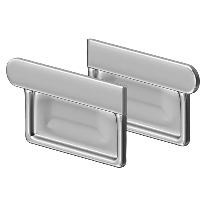 Sarei Rinnenendstück - Nennweite: 85 mm, Zink, Silber, Links & Rechts - Nahaufnahme von zwei eleganten, silberfarbenen Schrankgriffen mit abgerundeten Kanten, die ein modernes Design verkörpern.\n