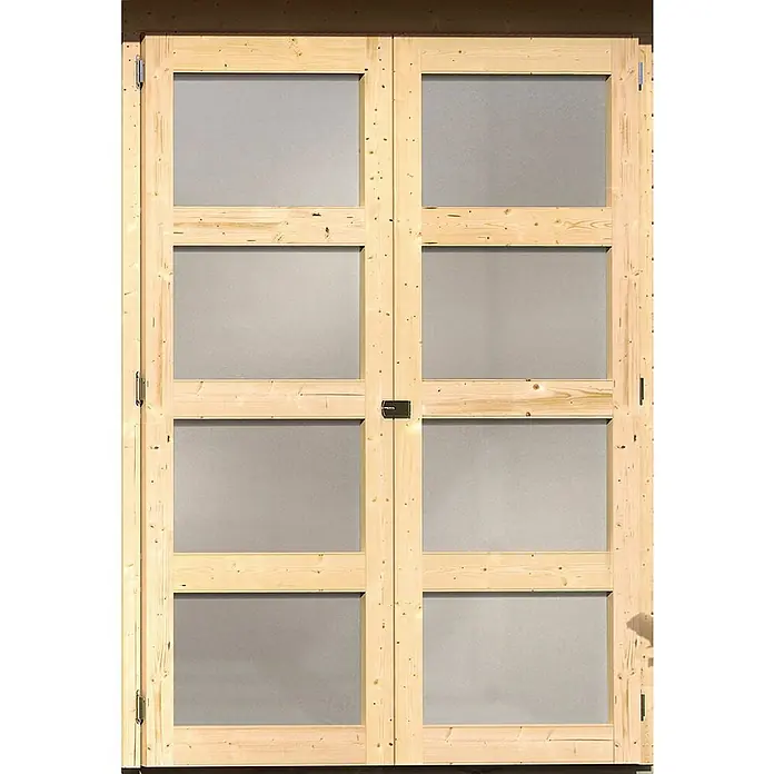 Karibu Gartenhaus Mühlentrup 1 - Außenmaß inkl. Dachüberstand (B x T): 428 x 238 cm, Holz, Natur - Holzrahmentüren mit grauen Füllungen bieten einen modernen und natürlichen Look. Diese Türen verbinden Funktionalität mit ästhetischem Design.