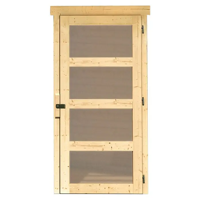 Karibu Gartenhaus Mühlentrup 1 - Außenmaß inkl. Dachüberstand (B x T): 428 x 238 cm, Holz, Natur - Helle Holztür mit vier rechteckigen Feldern. Die Tür ist einfach gehalten und bietet einen rustikalen Charme für jeden Raum.