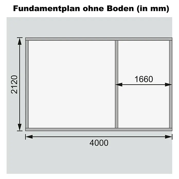 Karibu Gartenhaus Mühlentrup 1 - Außenmaß inkl. Dachüberstand (B x T): 428 x 238 cm, Holz, Natur - Fundamentplan ohne Boden (in mm) mit den Maßen 4000 x 2120 mm und einer Teilfläche von 1660 mm.