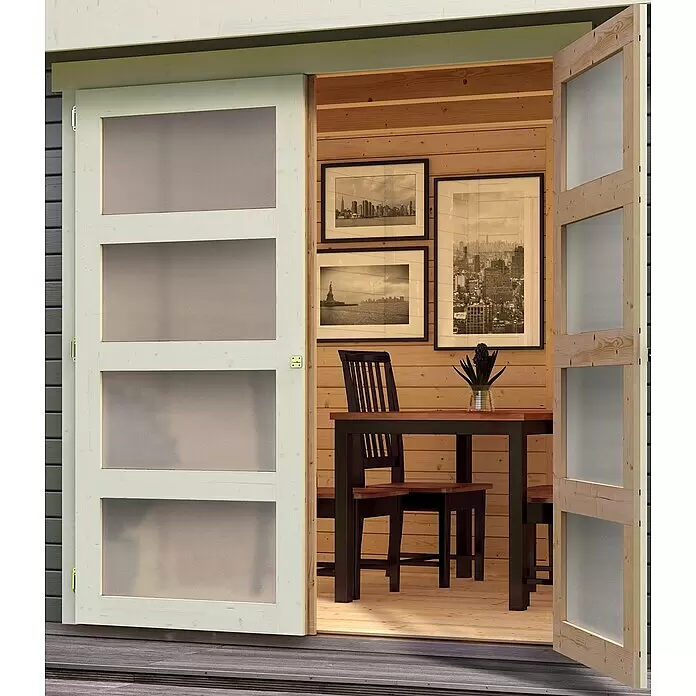 Karibu Gartenhaus Mühlentrup 1 - Außenmaß inkl. Dachüberstand (B x T): 428 x 238 cm, Holz, Terragrau - Helle Holz-Doppeltüren mit Milchglasscheiben öffnen sich zu einem gemütlichen Holzraum im Gartenhaus.