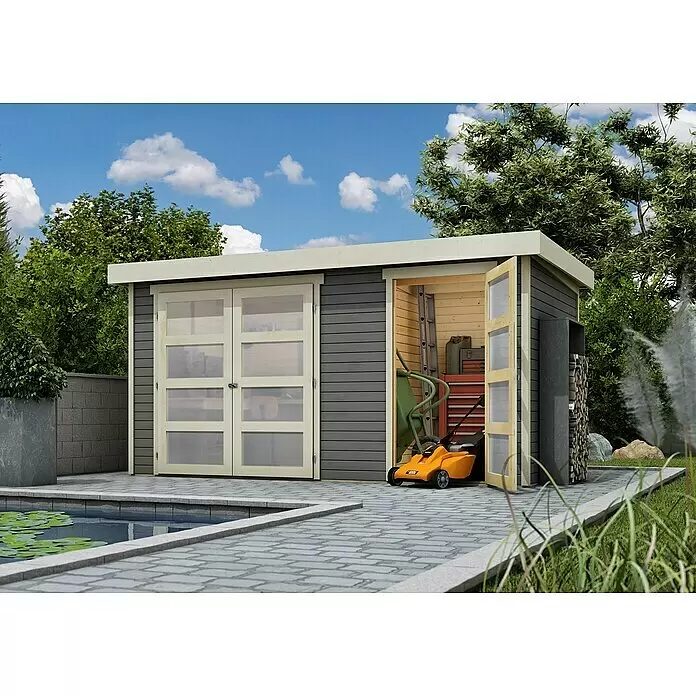Karibu Gartenhaus Mühlentrup 1 - Außenmaß inkl. Dachüberstand (B x T): 428 x 238 cm, Holz, Terragrau - Dunkelgrauer Gartenschuppen mit hellen Holztüren, eine offenbart Rasenmäher und Werkzeuge. Mit integriertem Holzlager.