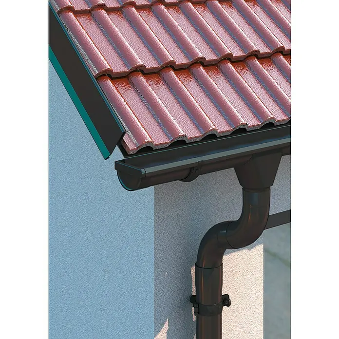 Sarei Rinnenendstück - Nennweite: 100 mm, Links & Rechts, Aluminium, Rund, Anthrazit - Nahaufnahme einer Dachrinne und eines Fallrohrs an einem Gebäude mit roten Dachziegeln.