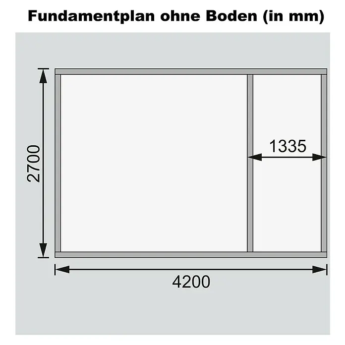 Karibu Gartenhaus Mattrup - Holz, Natur - Fundamentplan ohne Boden mit den Maßen 4200 x 2700 mm und einer separaten Fläche von 1335 mm.