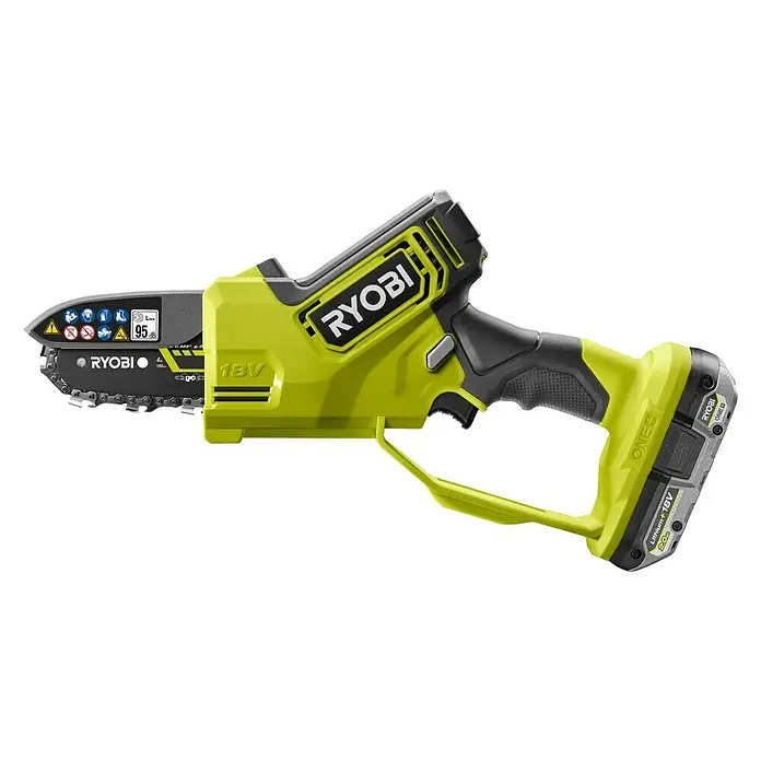 Ryobi ONE+ Akku-Astsäge RY18PSX10A-120 - 18 V, 2 Ah, Li-Ionen, 1 Akku, Schwertlänge: 10 cm - Akkubetriebene Ryobi-Kettensäge, ideal für Gartenarbeiten und Baumschnitt. Kompakt, leicht und einfach zu bedienen.