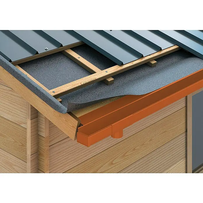 Sarei Piccolo Rinnenendstück - Nennweite: 70 mm, Aluminium, Ziegelrot - Nahaufnahme einer Hausdacheindeckung mit Dachrinne, die die verschiedenen Schichten und die Konstruktion des Daches zeigt.