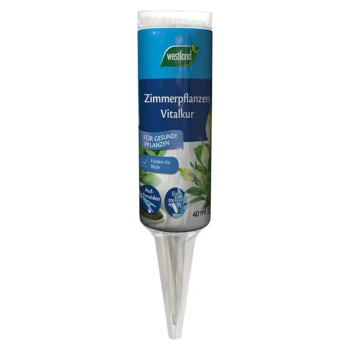 Westland Universaldünger Zimmerpflanzen - 200 ml - Produktbild einer Zimmerpflanzen Vitalkur von Westland, 40 ml. Fördert die Blüte und ist für gesunde Pflanzen, einfach aufzuschneiden und einzustecken.