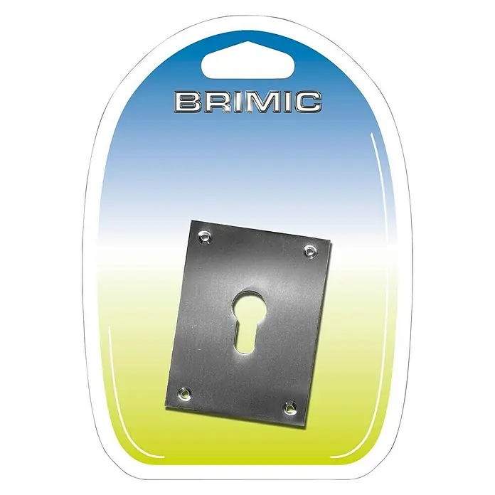 Micel Brimic Placa corta con bocallave - Plateado - Cubierta de ojo de cerradura BRIMIC plateada en un paquete transparente con un fondo azul y amarillo, ideal.