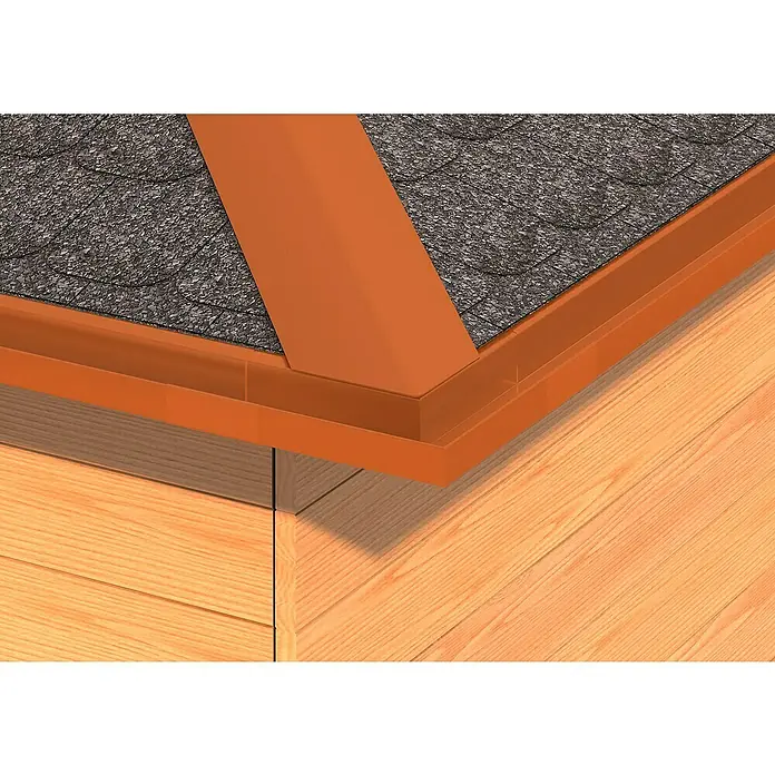 Sarei Piccolo Kastenrinnenwinkel - Nennweite: 70 mm, Außenecke, Aluminium, Ziegelrot - Nahaufnahme einer braunen Dachrinne, die an einem hölzernen Dach befestigt ist, mit dunklen Schindeln unter den Rändern, die das Haus vor Wasser schützen.