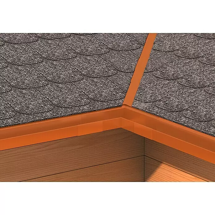 Sarei Piccolo Kastenrinnenwinkel - Nennweite: 70 mm, Innenecke, Aluminium, Ziegelrot - Dunkelgraue Dachschindeln und kupferfarbene Dachrinnen/Blech auf einer Holzeckkonstruktion.