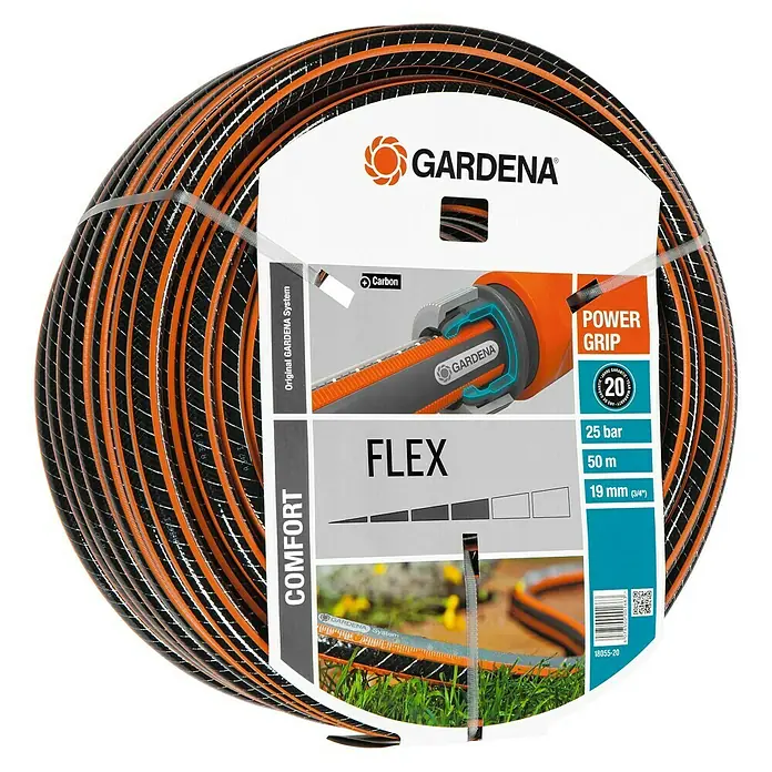 Gardena Comfort Flex Schlauch - Länge: 50 m, Schlauchdurchmesser: 19 mm - Das Bild zeigt einen aufgerollten Gardena Comfort Flex Gartenschlauch mit einer Länge von 50 m und einem Durchmesser von 19 mm (3/4").