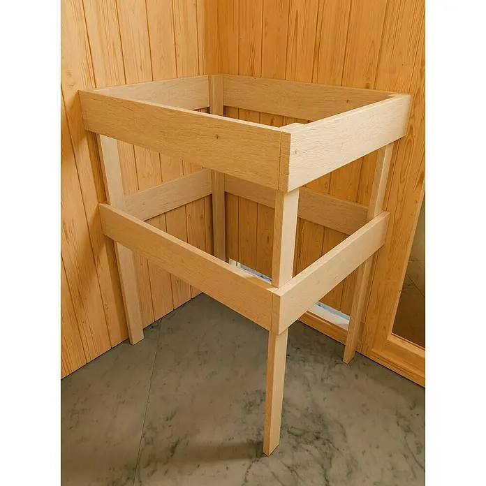 Karibu Saunahaus Suva 3 - Mit 9 kW Ofen mit externer Steuerung, Terragrau/Natur, L x B x H: 393 x 231 x 239 cm - Das unvollendete Holzregal ist ein minimalistisches Möbelstück. Das Regal hat zwei Ebenen für zusätzlichen Stauraum und ist unlackiert.