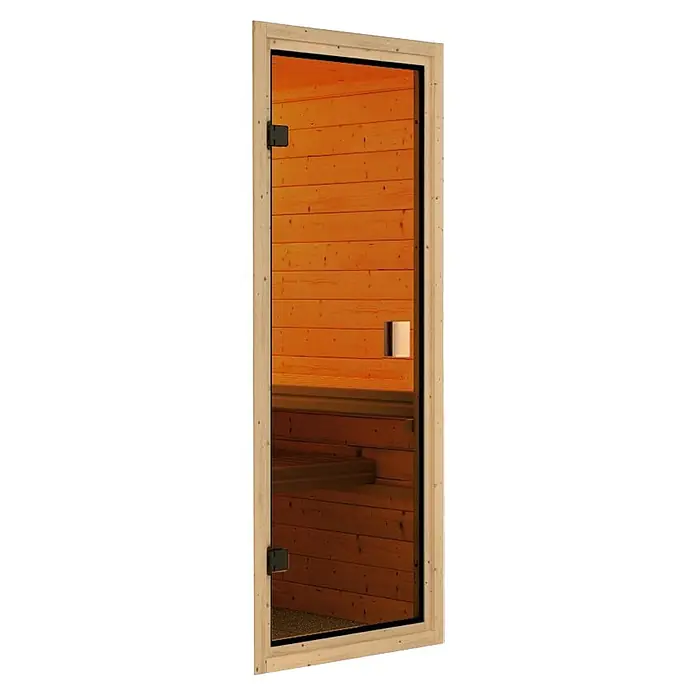 Karibu Saunahaus Suva 3 - Mit 9 kW Ofen mit externer Steuerung, Terragrau/Natur, L x B x H: 393 x 231 x 239 cm - Die Holztür mit Glasausschnitt bietet einen modernen Look für jede Sauna. Das schlichte Design fügt sich nahtlos in die Umgebung ein.