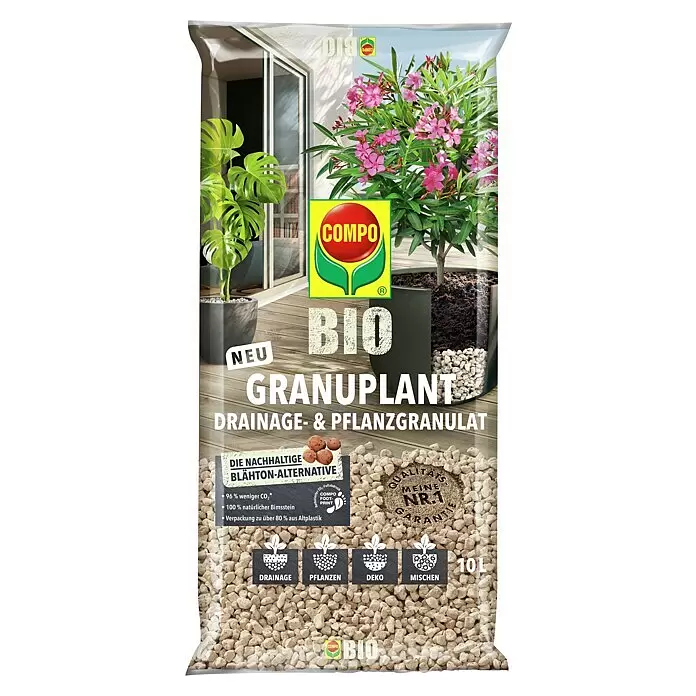 Compo Bio Pflanzgranulat Granuplant® - 10 l - Beutel mit 10 L hellem COMPO BIO Granulat aus Bimsstein für Drainage und Pflanzen.