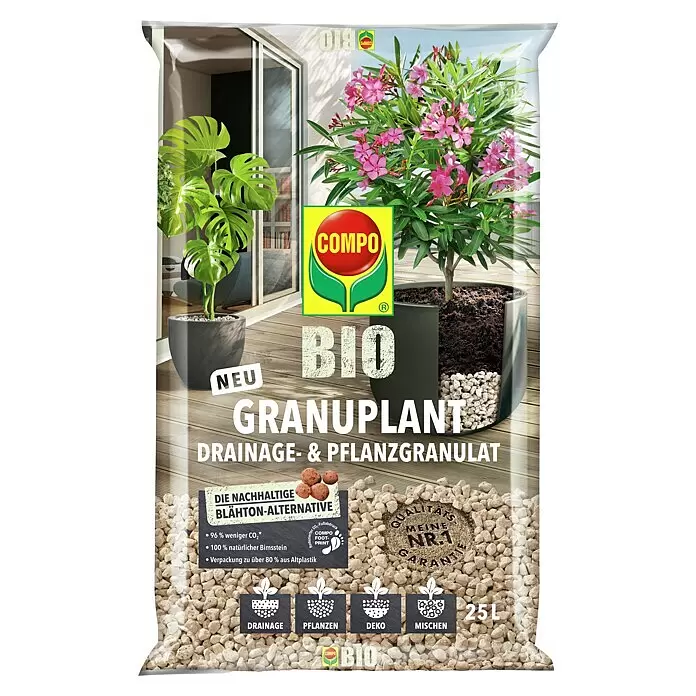 Compo Bio Pflanzgranulat Granuplant® - 25 l - Transparenter Beutel COMPO BIO Granuplant, zeigt hellbeige Bimsstein-Granulate für Drainage und Pflanzen. 25L Inhalt.