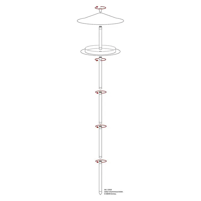 Dobar Vogelhaus Silberglanz - Durchmesser: 29 cm, Höhe: 125,5 cm, Silber, Edelstahl - Abbildung eines zusammenbaubaren Sonnenschirms mit drehbaren Teilen zur einfachen Montage und individuellen Anpassung.