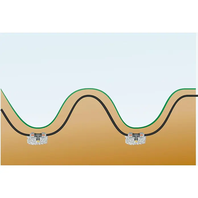 Gardena Sprinklersystem Entwässerungsventil - Größe Anschluss: ¾″ - Abbildung eines Bewässerungssystems mit einem T-Stück-Verbinder zur Verbindung von Rohren unterirdisch, um eine effiziente Gartenbewässerung zu gewährleisten.