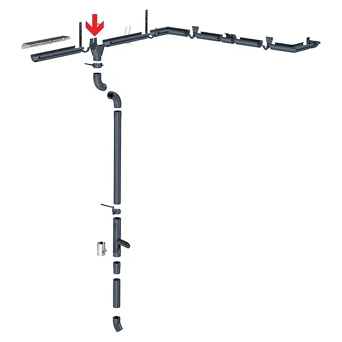 Sarei Rinnenstutzen - 80/60 mm, Aluminium, Anthrazit, Rund - Eine Illustration eines Dachrinnensystems mit Fallrohr und verschiedenen Komponenten zur Regenwasserableitung.