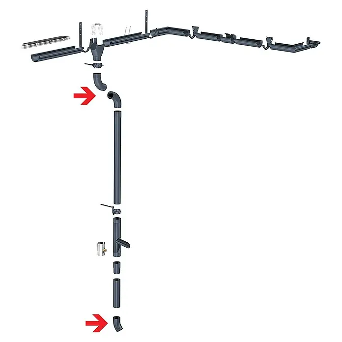 Sarei Fallrohrbogen - Nennweite: 80 mm, Winkel: 40 °, Aluminium, Anthrazit - Detaillierte Ansicht einer Regenrinne mit Fallrohr und Verbindungsstücken, ideal für die Installation.