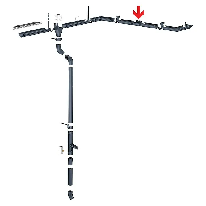 Sarei Rinnenverbinder - Nennweite: 100 mm, Aluminium, Anthrazit - Produktdarstellung: Ein detailliertes Schema einer Dachrinnenanlage mit Pfeilmarkierung.