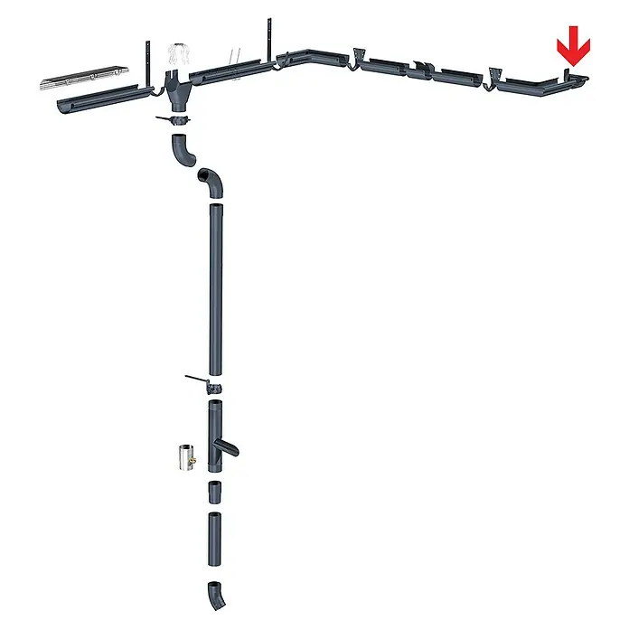 Sarei Rinnenendstück - Nennweite: 100 mm, Links & Rechts, Aluminium, Rund, Anthrazit - Abbildung eines Regenrinnensystems mit verschiedenen Komponenten für die Wasserableitung vom Dach.