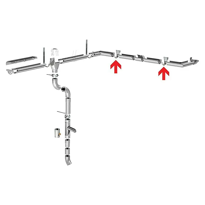 Sarei Dachrinnenhalter - Nennweite: 100 mm, Stahl, Schrauben - Darstellung eines kompletten Dachrinnen-Systems, inklusive Fallrohr und Verbindungsstücken, mit Fokus auf die Regenwasserableitung.