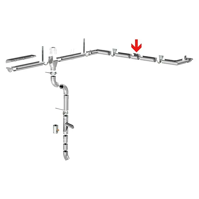 Sarei Rinnenverbinder - Nennweite: 125 mm, Aluminium, Silber - Dachrinnen-System: Detailansicht mit Verbindungselement. Das System beinhaltet verschiedene Teile für eine vollständige Installation.