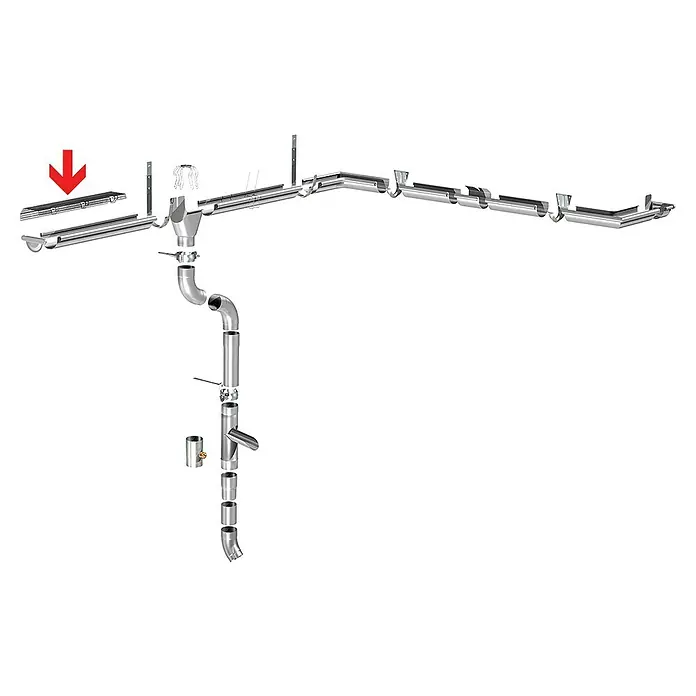 Sarei Laubstop - Länge: 1,25 m, Passend für: Dachrinnen mit Nennweite 80 mm - Eine Illustration einer Dachrinnenkonstruktion mit Fallrohr, Rinneneinhang und weiterem Zubehör.