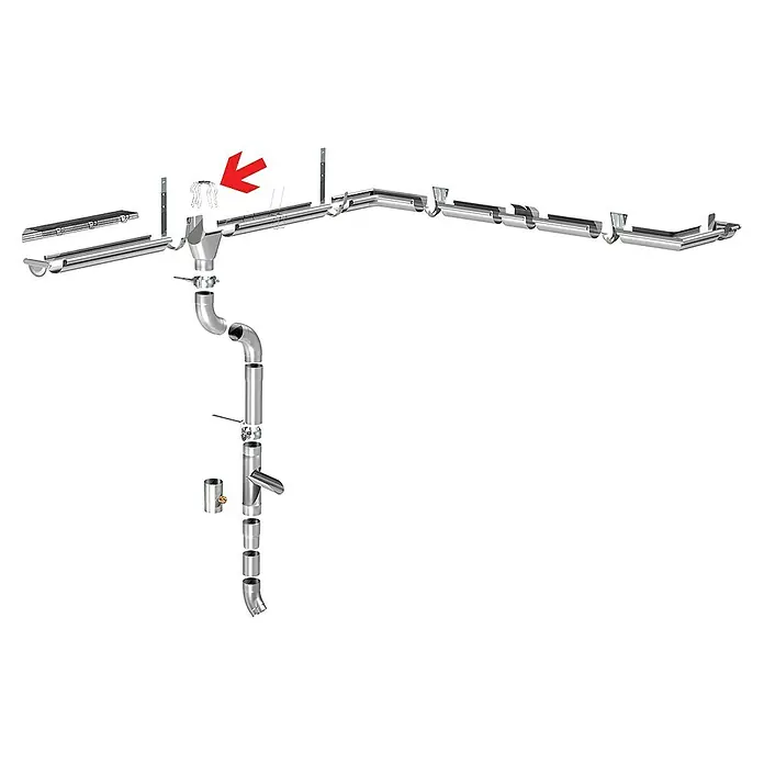 Sarei Laubfangkorb - 80 mm, Stahl - Ein detailliertes Diagramm eines Dachrinnensystems, das die verschiedenen Komponenten und ihre Anordnung zeigt.