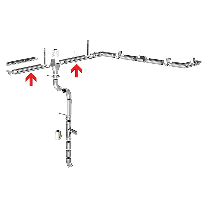 Sarei Dachrinne - Nennweite: 125 mm, Länge: 200 cm, Aluminium, Silber - Detailreiche Darstellung eines kompletten Dachrinnensystems mit Fallrohr und Zubehör, ideal für Hausbau und Sanierung.