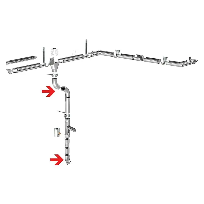 Sarei Fallrohrbogen - Nennweite: 100 mm, Winkel: 72 °, Aluminium, Silber - Regenrinnen-Fallrohrsystem mit Pfeilen, die die Anschlussstellen hervorheben.