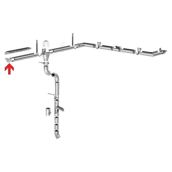 Sarei Rinnenendstück - Nennweite: 100 mm, Links, Zink, Rund - Dachrinnen-System: Darstellung verschiedener Komponenten für die Installation einer kompletten Regenwasserableitung vom Dach.