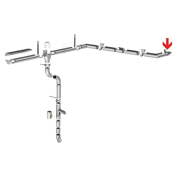 Sarei Rinnenendstück - Nennweite: 125 mm, Links, Aluminium - Isolierte Regenrinne mit Endstück und rotem Pfeil zur Hervorhebung. Das Regenwassersystem ist aus Metall gefertigt und bereit zur Installation.