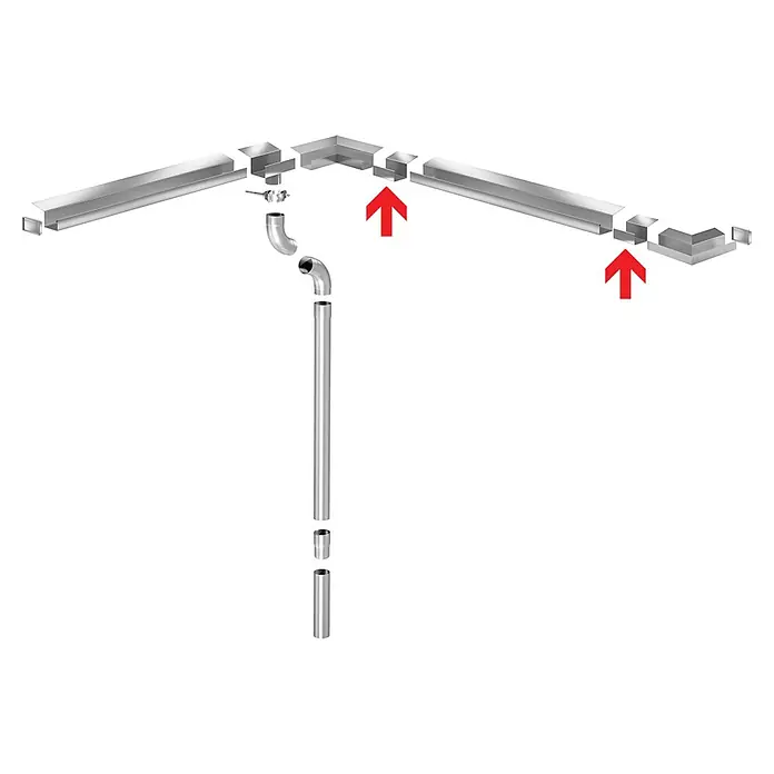 Sarei Piccolo Rinnenverbinder - Nennweite: 70 mm, Aluminium, Silber - Eine Detailansicht eines Dachrinnen-Systems mit markierten Eckverbindungen, die die modulare Bauweise hervorheben.