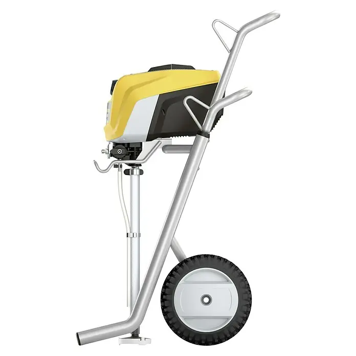 Wagner High Efficiency Airless Farbsprühsystem Control Pro 350 M - 600 W, Arbeitsgeschwindigkeit: 7,5 m²/min - Seitenansicht einer gelben und schwarzen Farbspritzmaschine auf Rädern. Professionelles Werkzeug für Maler und Lackierer.