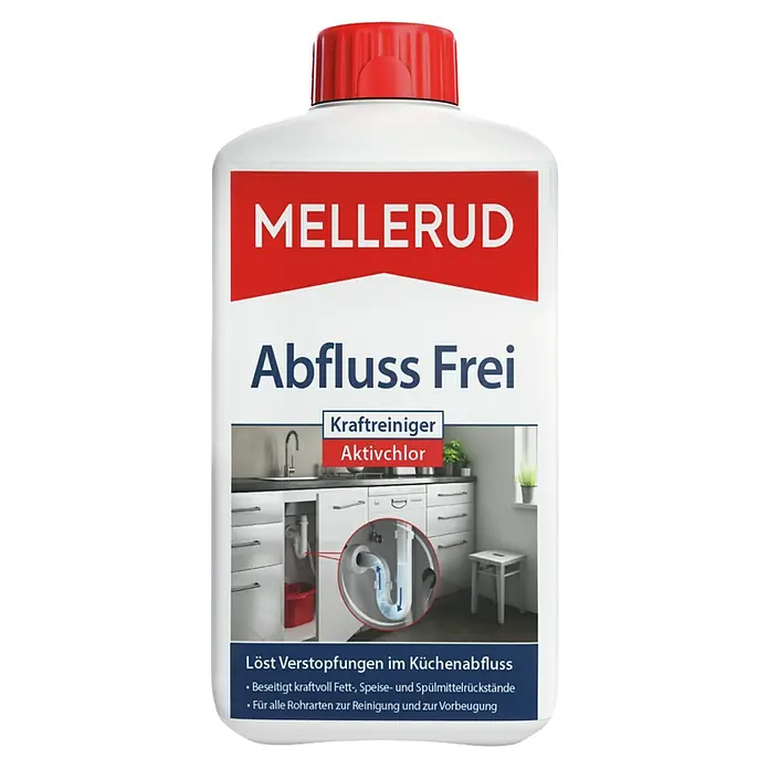 Mellerud Abflussreiniger Abfluss Frei Kraftreiniger Aktivchlor - Flasche - Eine Flasche Mellerud Abfluss Frei, ein starker Aktivchlor-Reiniger, der Küchenabflüsse von Verstopfungen befreit und alle Rohre reinigt.