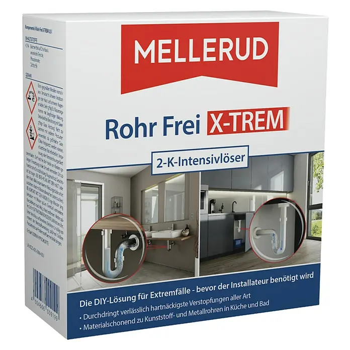 Mellerud Rohrreiniger Rohr Frei X-TREM 2-K-Intensivlöser - 1 l, Flasche - Bild der Verpackung von Mellerud Rohr Frei X-Treme, einem 2-K-Intensivlöser zur Beseitigung von hartnäckigen Verstopfungen in Rohren.