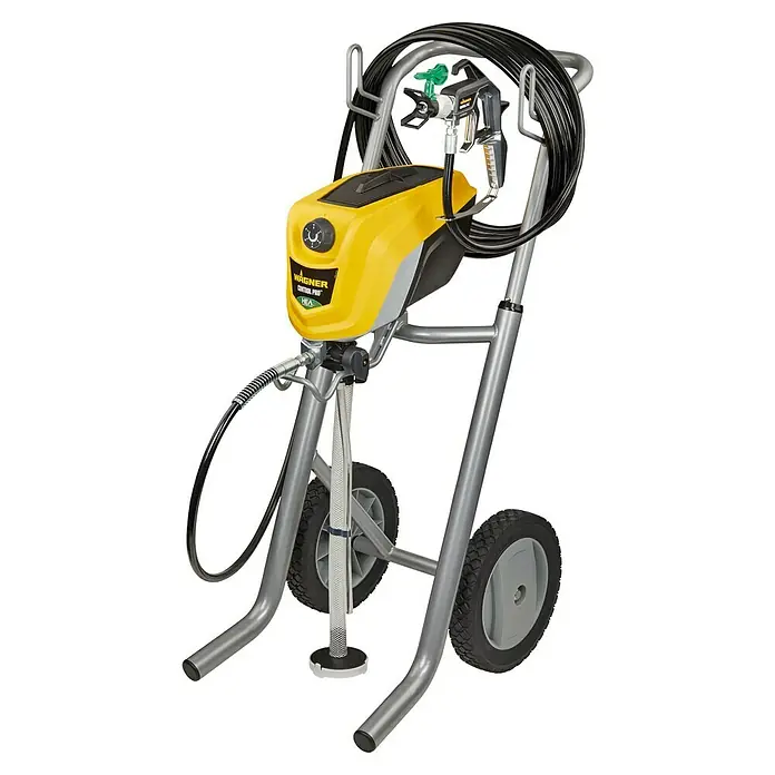 Wagner High Efficiency Airless Farbsprühsystem Control Pro 350 M - 600 W, Arbeitsgeschwindigkeit: 7,5 m²/min - Wagner Control Pro 350 M Farbspritzgerät auf Rädern, gelb und grau, für effizientes und gleichmäßiges Auftragen von Farbe.