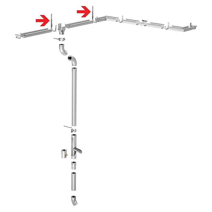 Sarei Kastenrinnenhalter - Nennweite: 85 mm, Stahl - Darstellung einer Dachrinne aus Metall mit verschiedenen Elementen. Geeignet für die Installation am Haus zum Ableiten von Regenwasser.