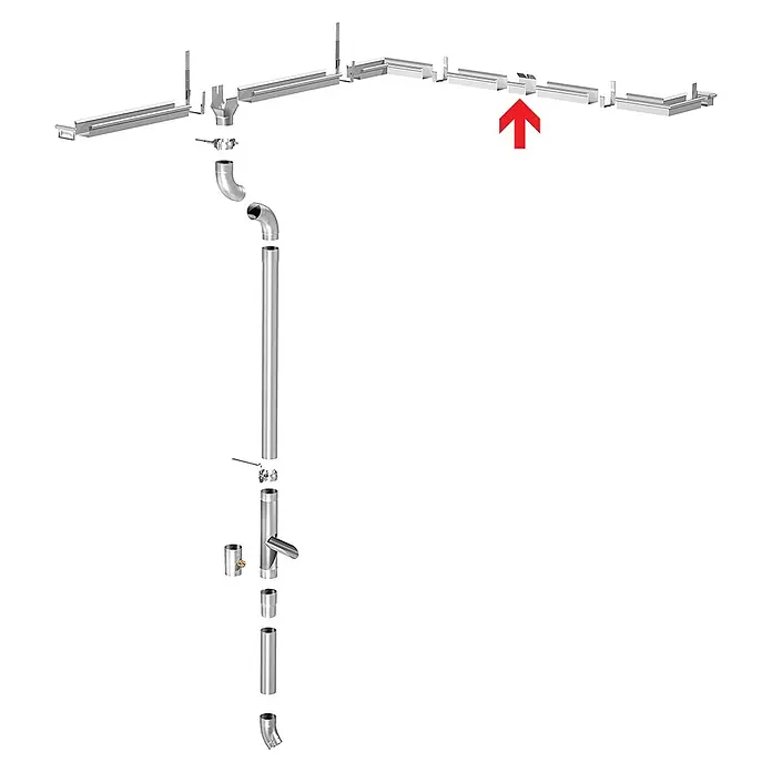 Sarei Kastenrinnenverbinder - Nennweite: 70 mm, Aluminium, Silber - Darstellung eines Dachrinnensystems, bestehend aus Rinnen, Rohren und Verbindungsstücken. Das System leitet Regenwasser ab.