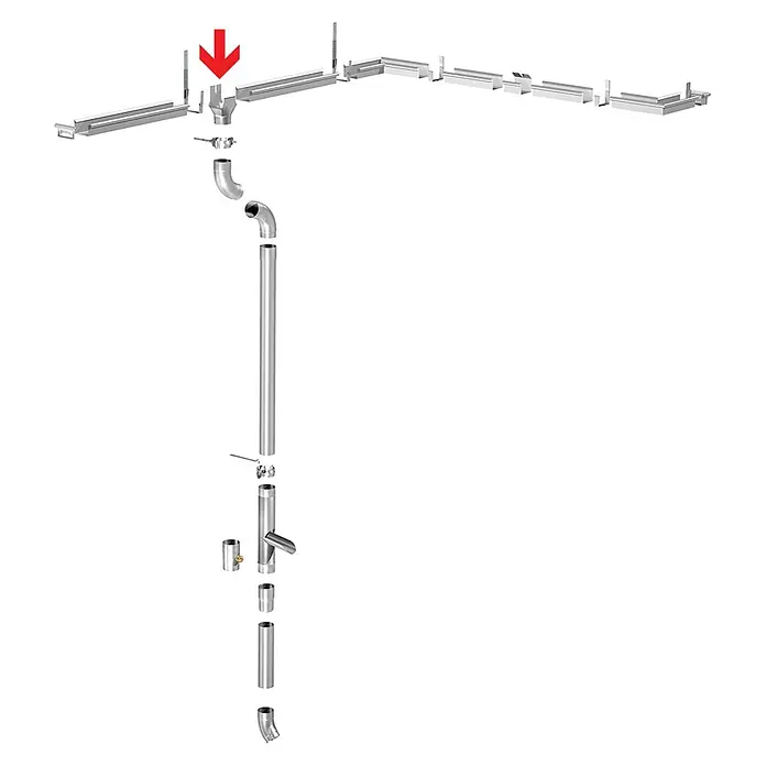 Sarei Rinnenstutzen - 70/60 mm, Aluminium, Silber - Dachrinnen-System mit Fallrohr, bestehend aus mehreren Elementen. Das Bild zeigt die modulare Bauweise des Systems für die Regenwasserableitung.