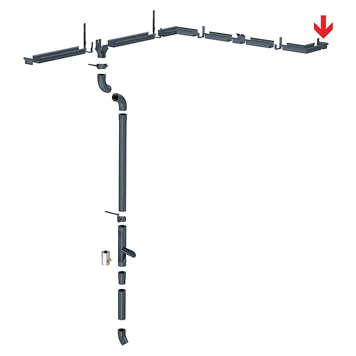 Sarei Rinnenendstück - Nennweite: 70 mm, Rechts, Aluminium, Anthrazit - Grafik einer Dachrinneninstallation. Hier zu sehen ist eine detaillierte Darstellung des gesamten Entwässerungssystems.