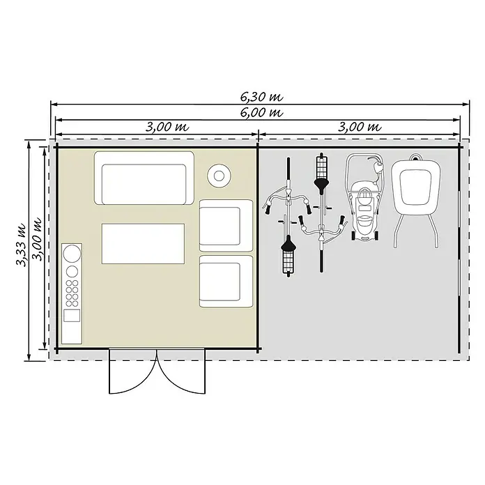 Kiehnholz Gartenhaus Esbjerg 483 - Außenmaß inkl. Dachüberstand (B x T): 621 x 332 cm, Holz, Natur - Grundriss eines Lagers oder einer Garage mit Möbeln und Fahrrädern. Die Gesamtgröße beträgt 6,30 m x 3,33 m.