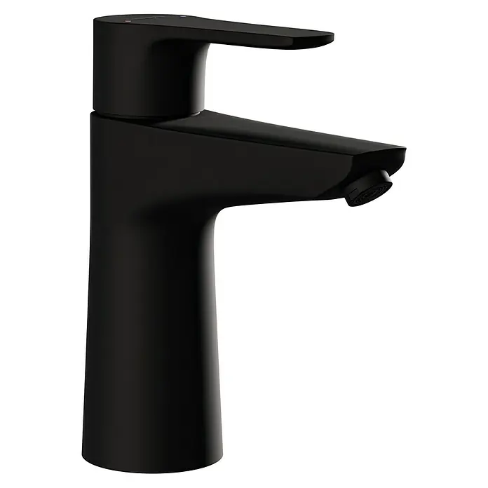 Hansgrohe Talis E Waschtischarmatur 110 - Schwarz, Matt - Diese Nahaufnahme zeigt eine moderne, mattschwarze Armatur. Das elegante Design und die minimalistische Formgebung machen sie zu einem Blickfang.