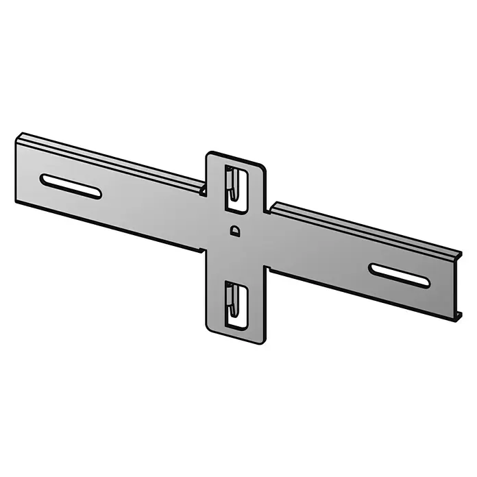 Scholz System Regalknoten-Set Anbauelement - 2 Stk., Verzinkt - Abbildung einer Stahl-Kreuzhalterung mit Schlitzen zur Befestigung, ideal für robuste Konstruktionen und vielseitige Anwendungen.